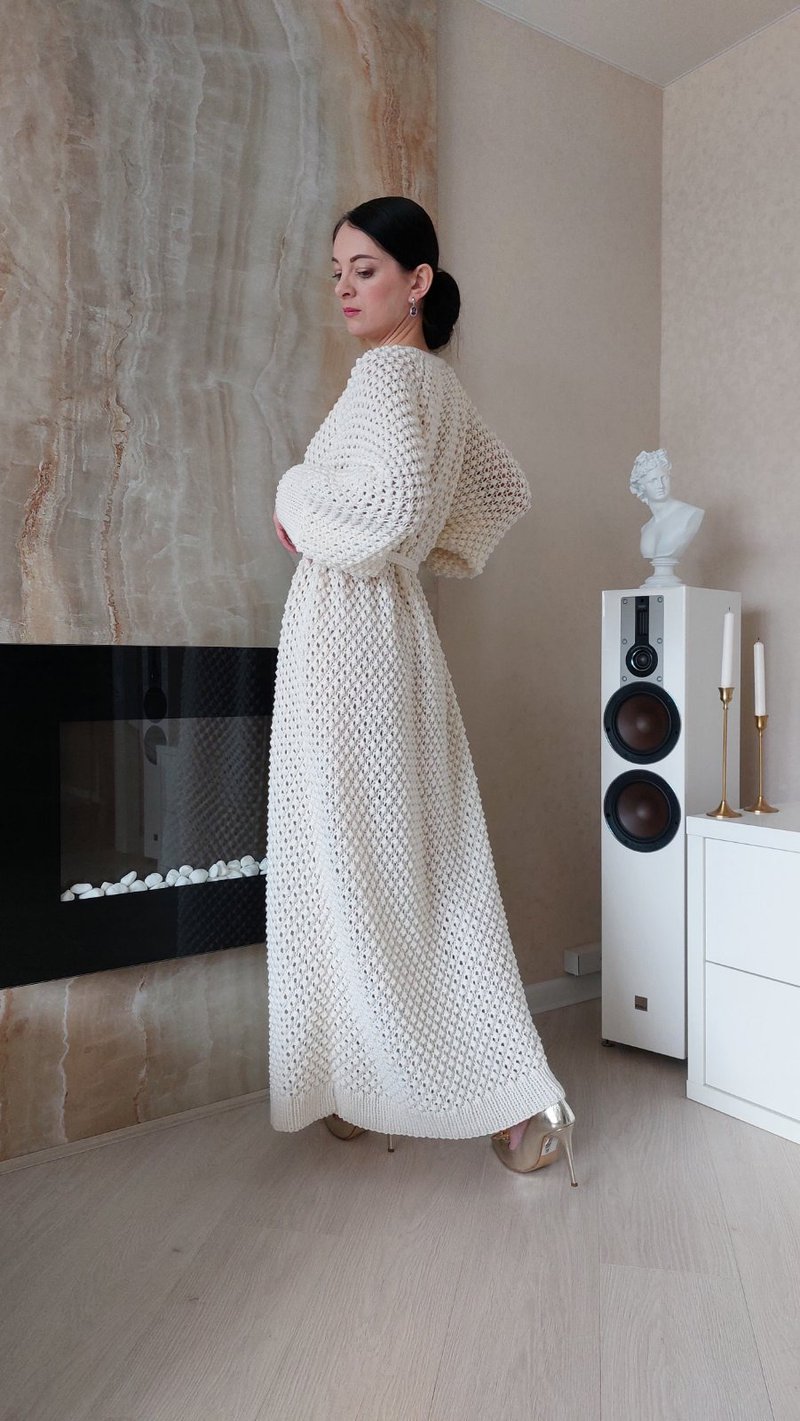 Wrap sweater White robe Wool long sweater Sweater jacket Cardigan - สเวตเตอร์ผู้หญิง - ขนแกะ 