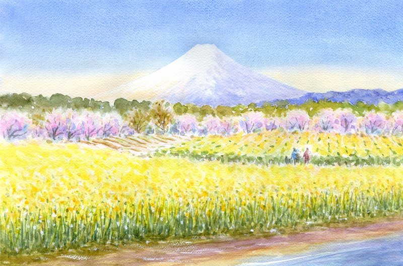 Made to order: Original watercolor painting of Mt. Fuji and spring scenery 4 - โปสเตอร์ - กระดาษ สีเหลือง