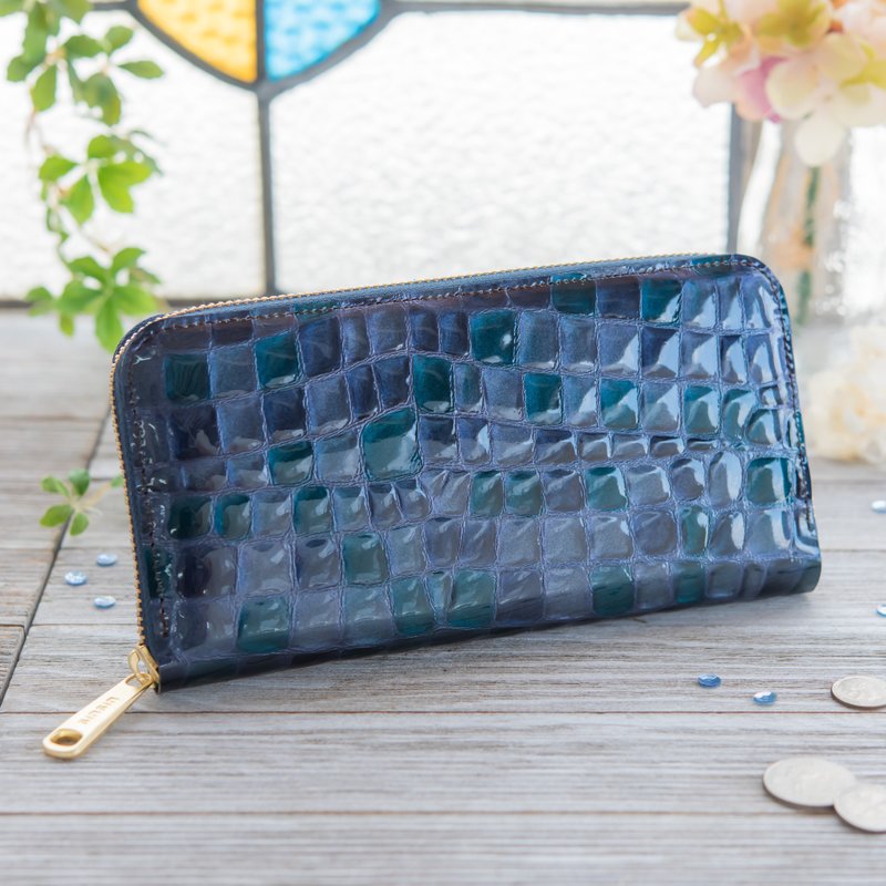 日本製造　牛皮　錢包　 彩色玻璃　藏青色　made in JAPAN handmade leather wallet - 錢包/皮夾/長短夾 - 真皮 藍色