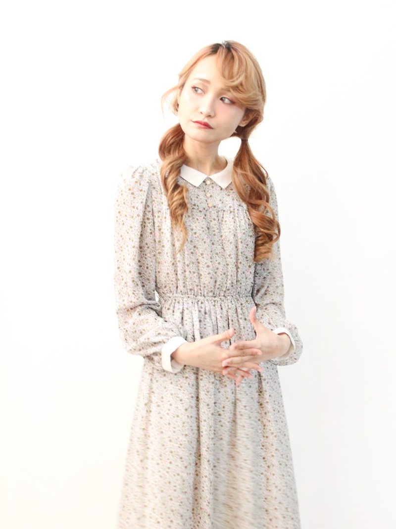 Japanese made retro sweet cute gray floral stitching collar thin long-sleeved vintage dress Vintgae Dress - One Piece Dresses - Polyester Gray