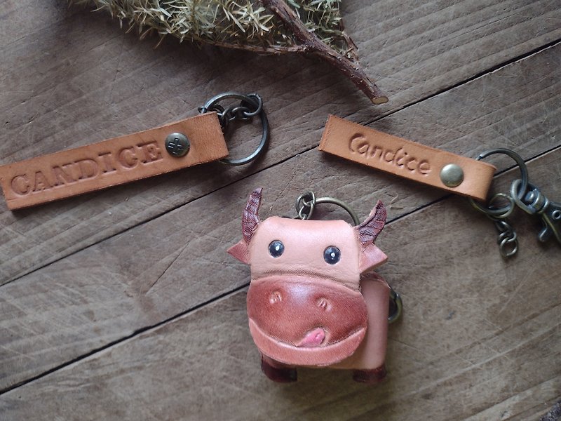 Super pragmatic and cute tongue out calf 12 zodiac pure leather key ring - can be engraved - ที่ห้อยกุญแจ - หนังแท้ สีนำ้ตาล
