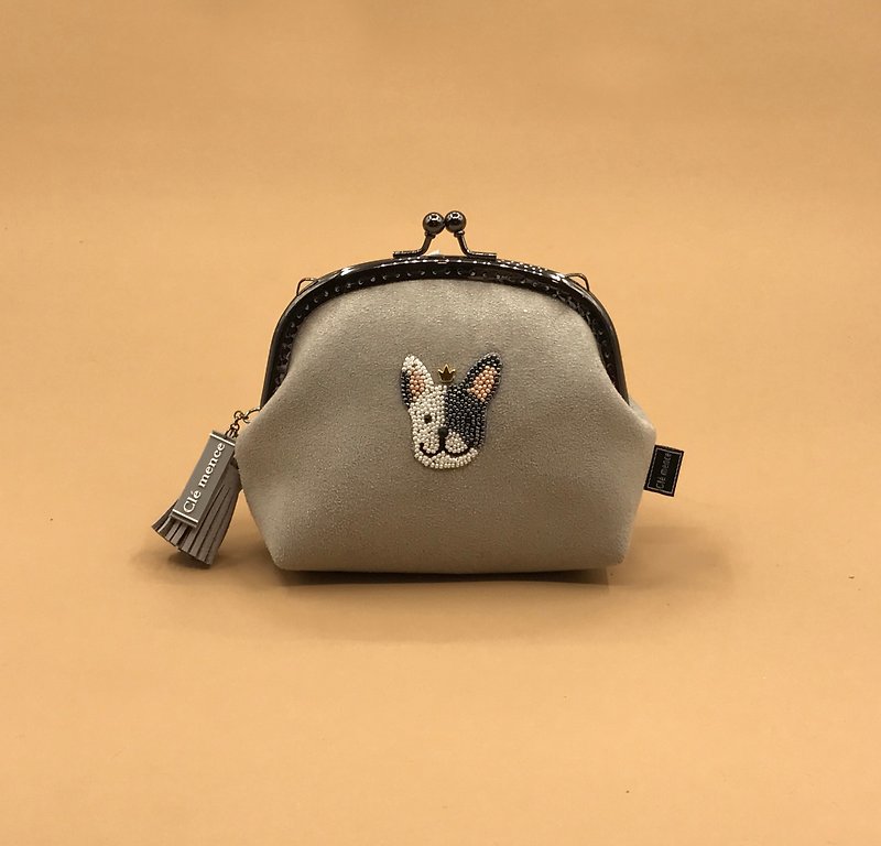 French Bulldog Sewing Beads Big Face Series Mouth Gold Bag Coin Purse Sewing Beads Change Including Chain - Coin Purses - Polyester Gray