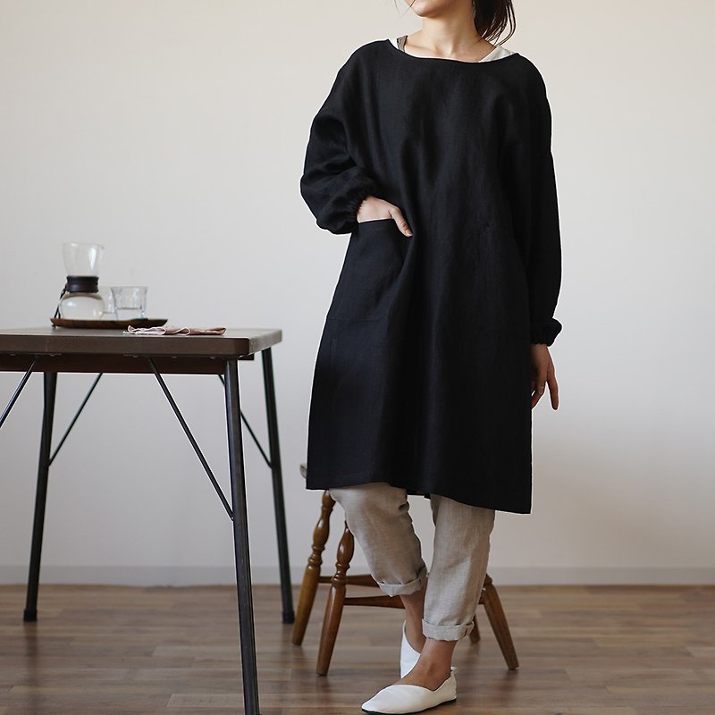 wafu - 亞麻围裙 Midweight Linen Kappogi Japanese Apron / Black z005a-bck2 - 圍裙 - 亞麻 黑色