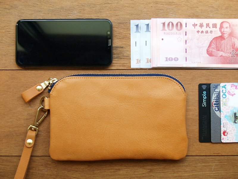 Leather Wristlet Wallet / clutch bag ( Custom Name ) - Classic Tan - กระเป๋าคลัทช์ - หนังแท้ สีเหลือง