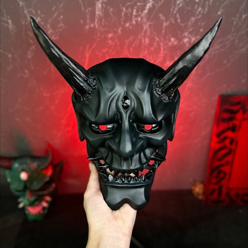 Japanese Black Oni mask wearable, Custom Hannya mask, Wall Decor, Noh Mask - Face Masks - Resin Black