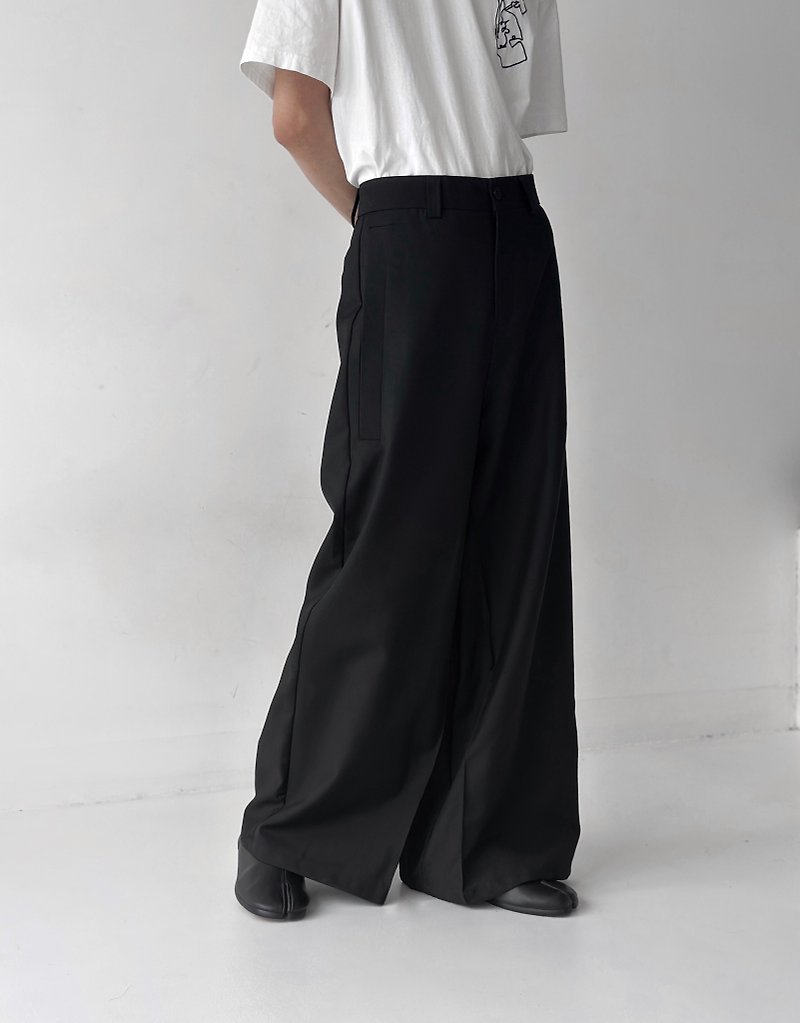 Lazy minimalist wide-leg floor-length trousers - กางเกงขายาว - วัสดุอื่นๆ สีดำ