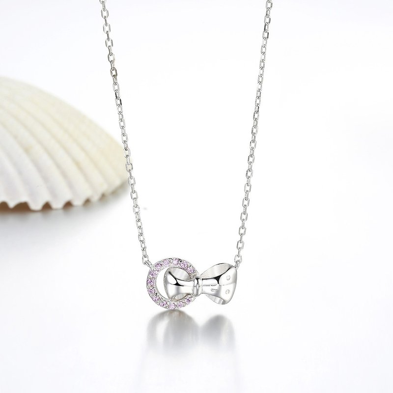 เงิน สร้อยคอ สีเงิน - Original design perfect match candy bow Stone inlaid geometric element 925 Silver necklace sweet