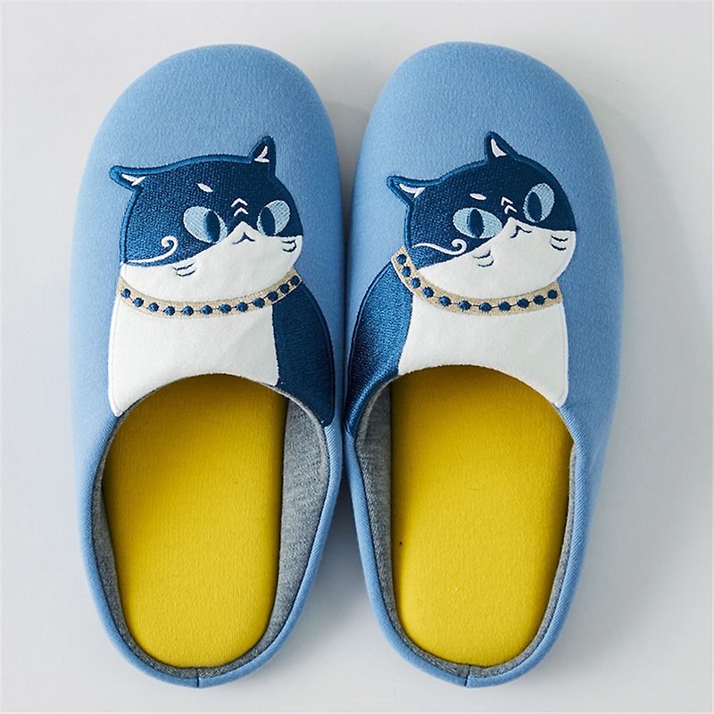 Blue Bottom Indoor Warm Cat Men's and Women's Slippers Cute Cat Lovers Wooden Floor Machine Washable Embroidered Slippers - รองเท้าแตะในบ้าน - ผ้าฝ้าย/ผ้าลินิน สีน้ำเงิน