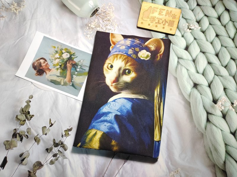 Cat Collection - Lightweight Cotton Oil Painting Style Large Print Headscarf Cat Girl Fabric Book Cover - Fits A5-25K - Book Covers - Cotton & Hemp 