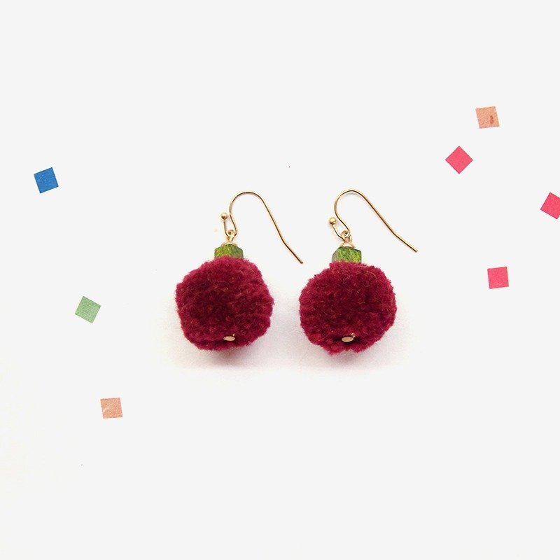 Burgundy Pom Pom Earrings,Post Earrings, Clip On Earrings - Earrings & Clip-ons - Wool Red