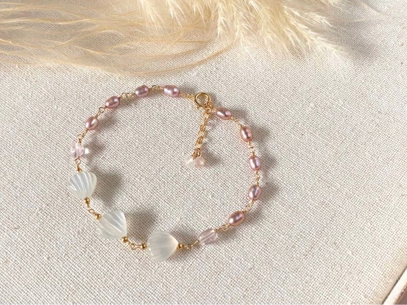 天然淡水紫珍珠 白月光石 粉紅摩根石 || 14KGF注金手鍊 - 手鍊/手環 - 珍珠 紫色