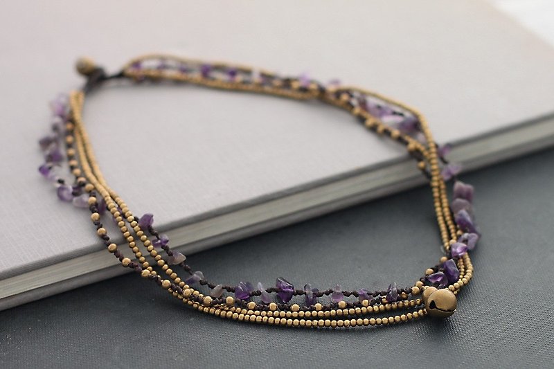 紫水晶黃銅分層編織石短項鍊嬉皮波西米亞風格珠寶 - 項鍊 - 寶石 紫色