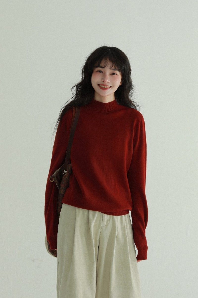 5-color half-high collar solid color knitted sweater simple and elegant basic autumn and winter inner top knitted sweater - Women's Sweaters - Polyester Red