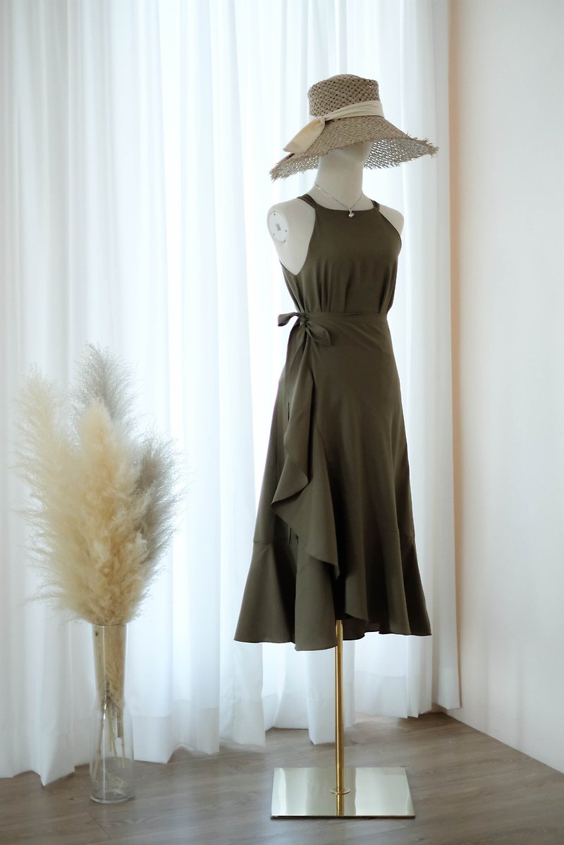 olive green dress Set of bridesmaid dress summer wrap top and skirt - 連身裙 - 聚酯纖維 綠色