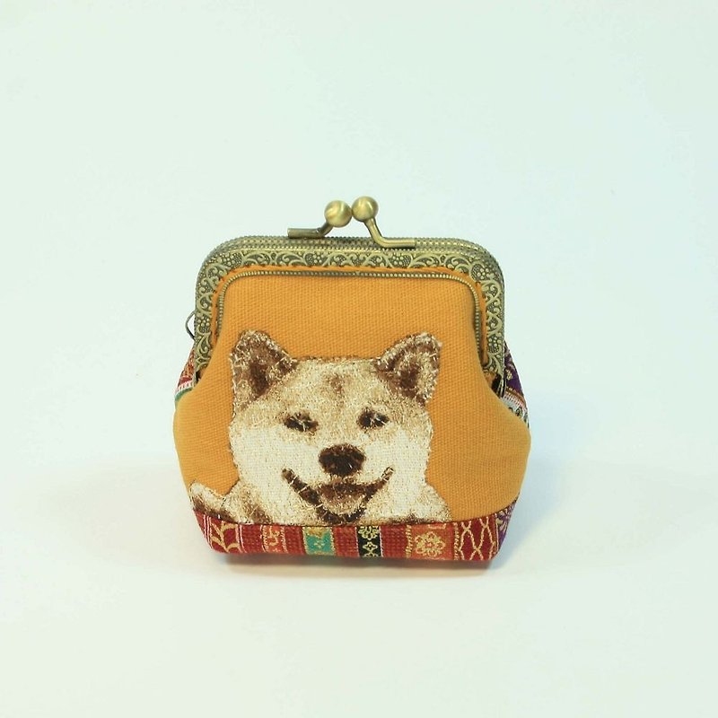 Embroidery 8.5cm mouth gold purse 17 - Shiba Inu - Coin Purses - Cotton & Hemp Orange