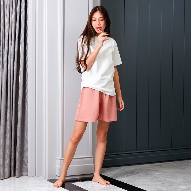 Linen Shorts - 睡衣/居家服 - 棉．麻 粉紅色