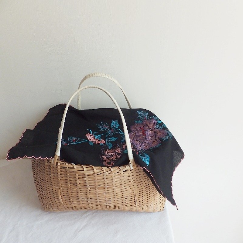 Embroidery Towel ,  Table Centre Mat :Embroidered peonies - Place Mats & Dining Décor - Cotton & Hemp Black