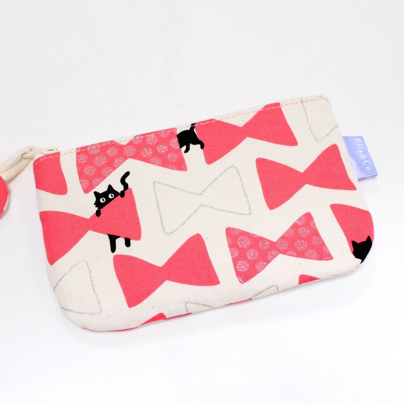 [Japanese Medium Thick Cotton] Curious Black Cat# Medium Storage Bag - Toiletry Bags & Pouches - Cotton & Hemp Pink