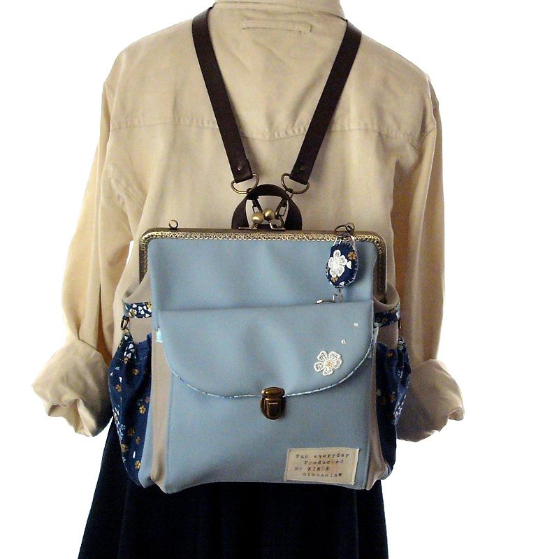 Sakura dancing 3 WAY with left side zipper Randoserukkurakku Lilac Blue - Backpacks - Genuine Leather Blue