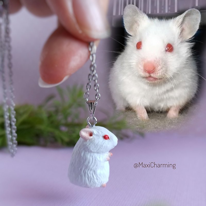 White Syrian hamster red eyes necklace memorial gift The tiny figurine on chain - Other - Plastic White