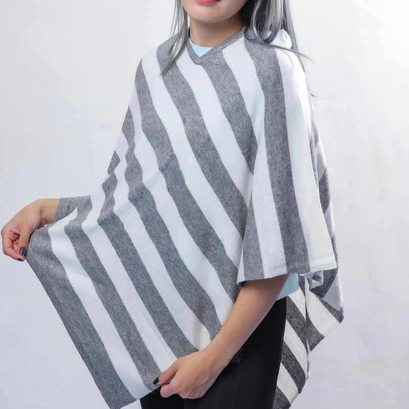 Kashmir wool knitted cloak primary color undyed gray and white stripes natural simplicity warm and comfortable - Knit Scarves & Wraps - Wool Gray