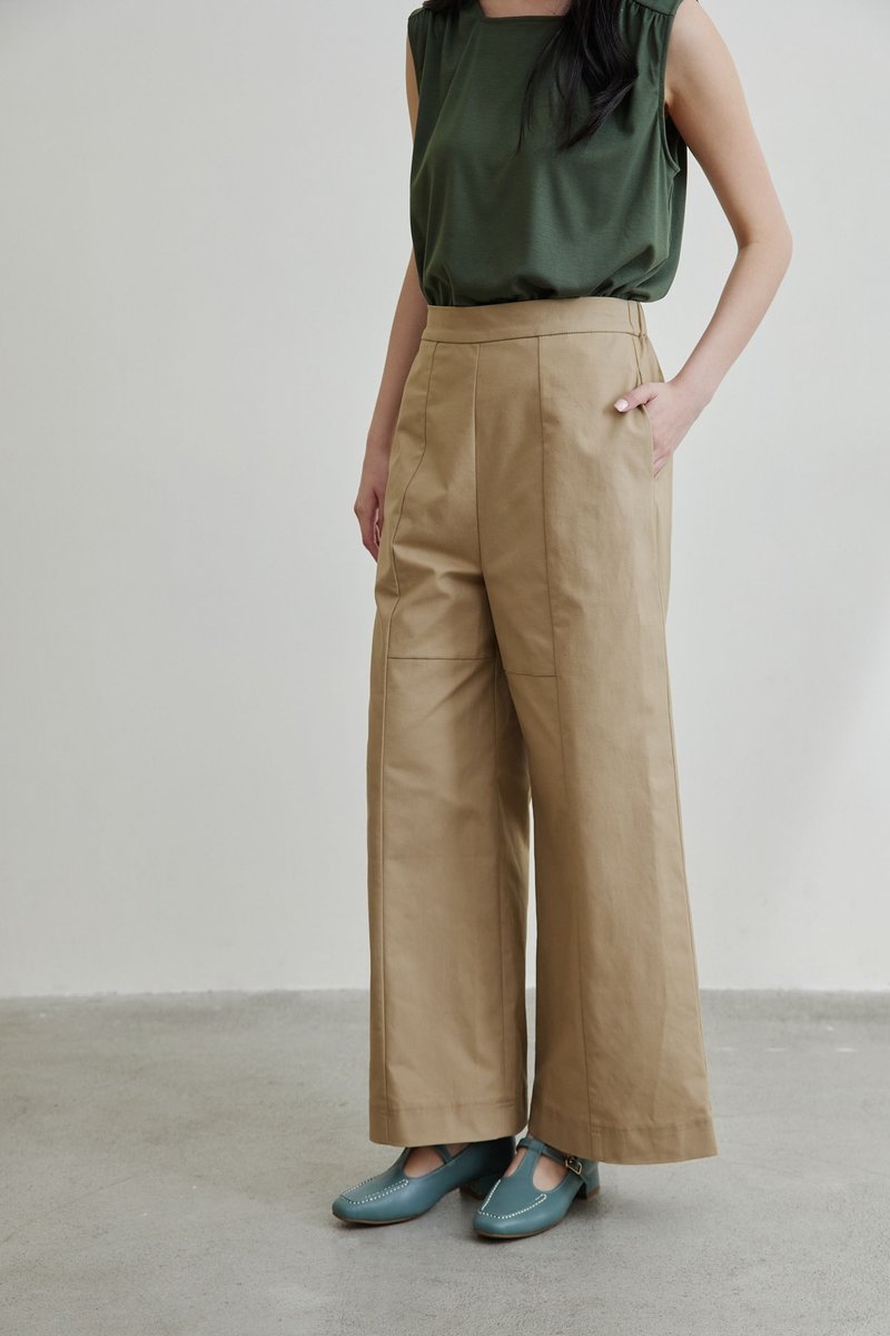 風起寬筒長褲-山形 - 女長褲 - 棉．麻 卡其色