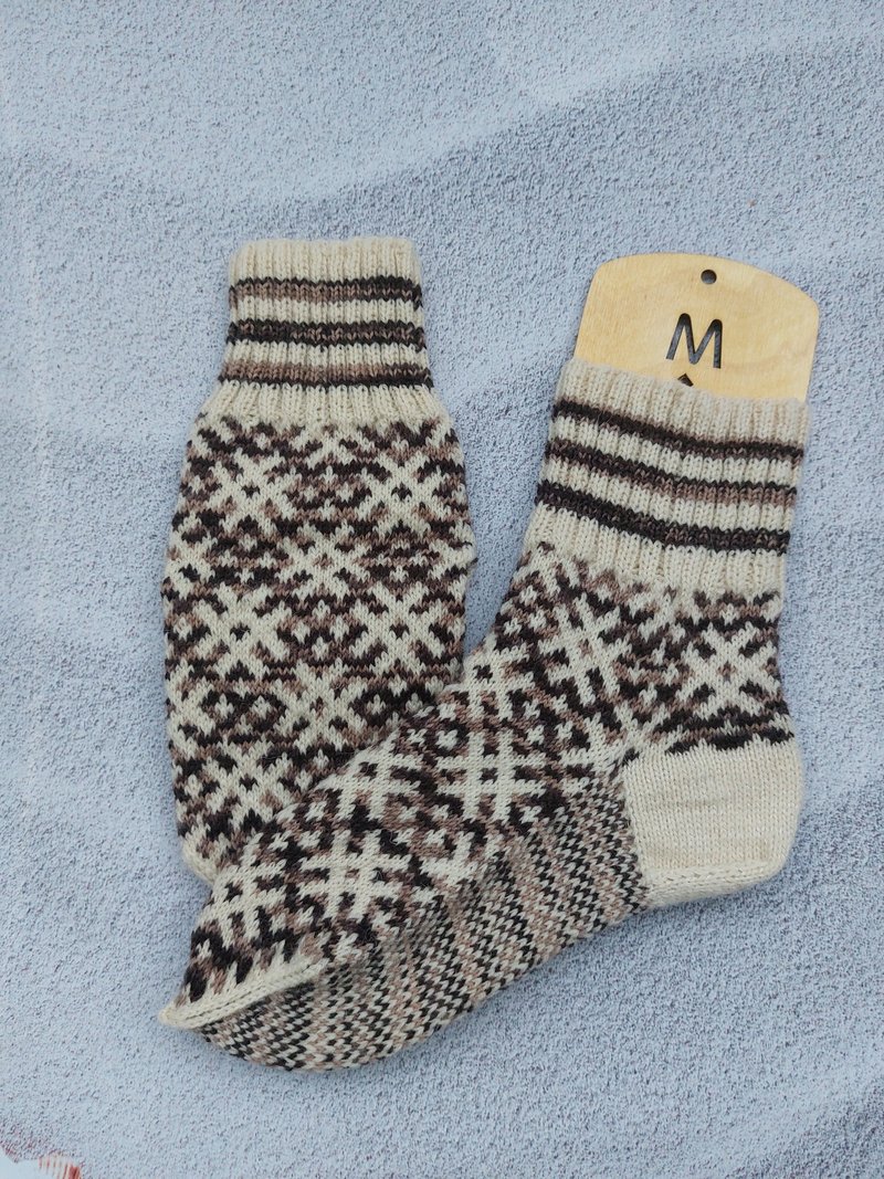 Women's handmade 100% wool white socks with a brown pattern - 襪子 - 羊毛 白色
