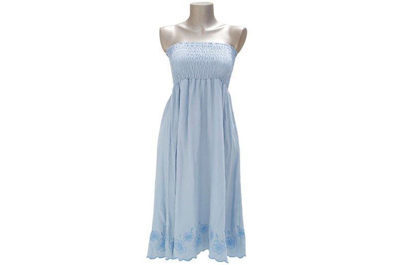 Hibiscus embroidery Island dress <Ice Blue> - ชุดเดรส - วัสดุอื่นๆ สีน้ำเงิน