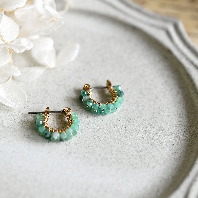 Original 2-row emerald small hoop earrings with May birthstone for both ears - Earrings & Clip-ons - Gemstone Green