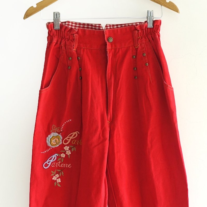 │Slowly│ embroidery. Fun - Pants │vintage. Vintage. Art. - กางเกงขายาว - ผ้าฝ้าย/ผ้าลินิน สีแดง
