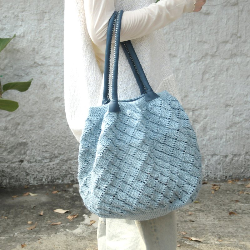 藍寶 / 大亞麻編織包 / 手工麻繩包 / 肩揹包 / 手提包 - 手提包/手提袋 - 棉．麻 藍色