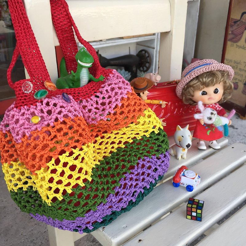 Hand-woven rainbow paper bag - Handbags & Totes - Paper Multicolor