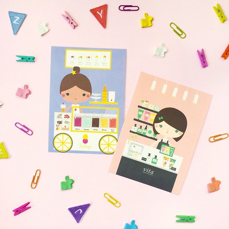 [Girls and Their Shops] rebecca's ice-cream shop + yvonne's fragrance shop - Postcard Set - การ์ด/โปสการ์ด - กระดาษ หลากหลายสี
