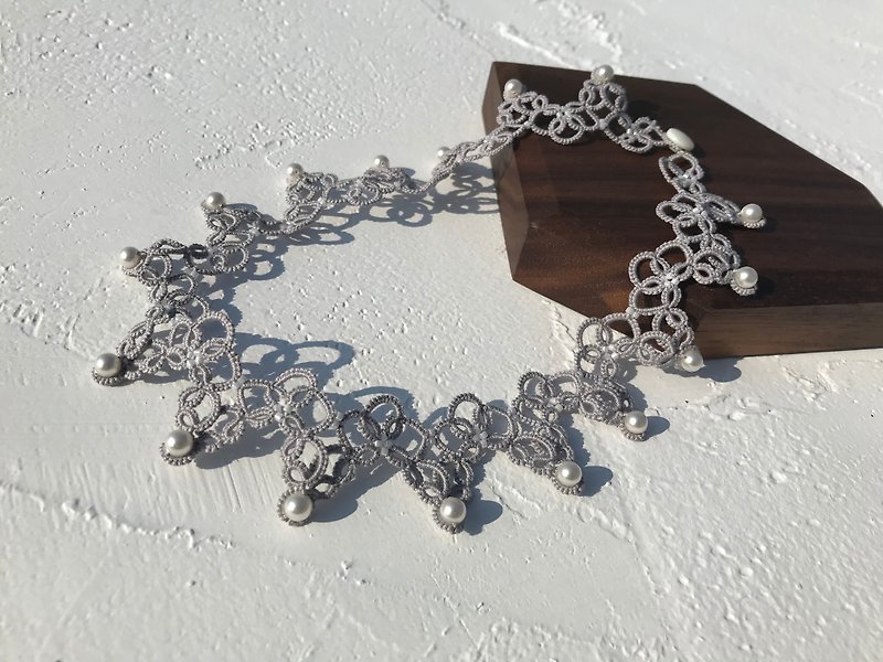 tatted lace necklace ( grey color) / gift / Swarovski crystal pearl / customize - สร้อยคอ - ผ้าฝ้าย/ผ้าลินิน สีเทา