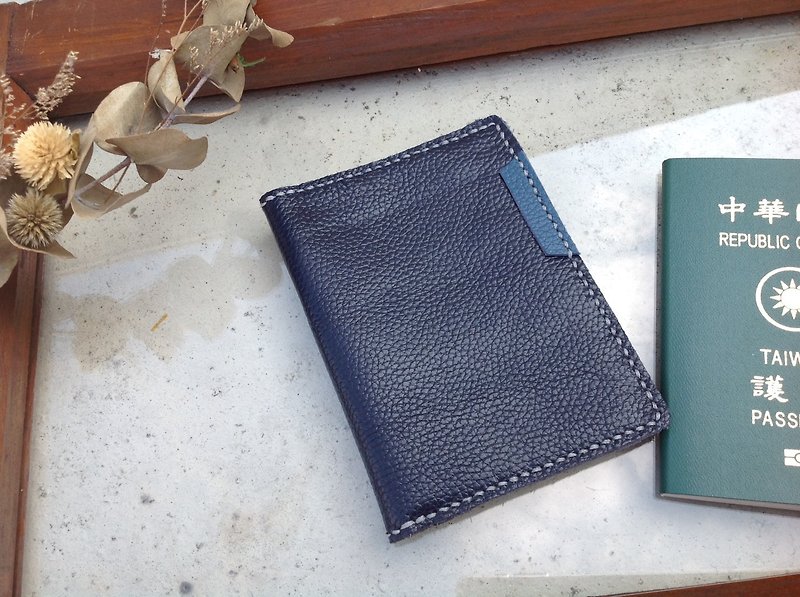 Passport cover, passport book, hand-stitched, leather blue leather litchi - Notebooks & Journals - Genuine Leather Blue