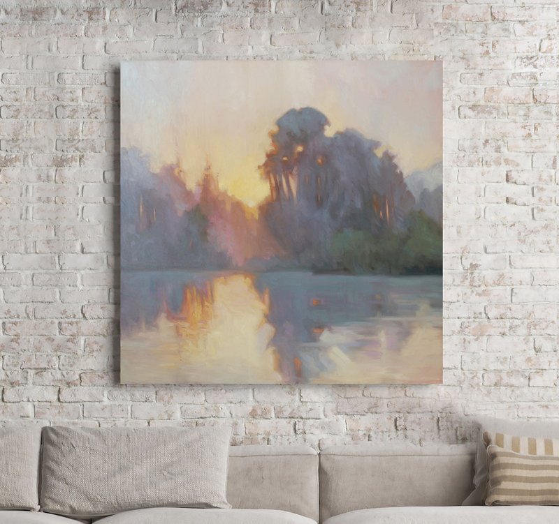 Neutral Art Landscape River| Sunset on River | Landscape Painting | Evening Fog - 壁貼/牆壁裝飾 - 棉．麻 粉紅色