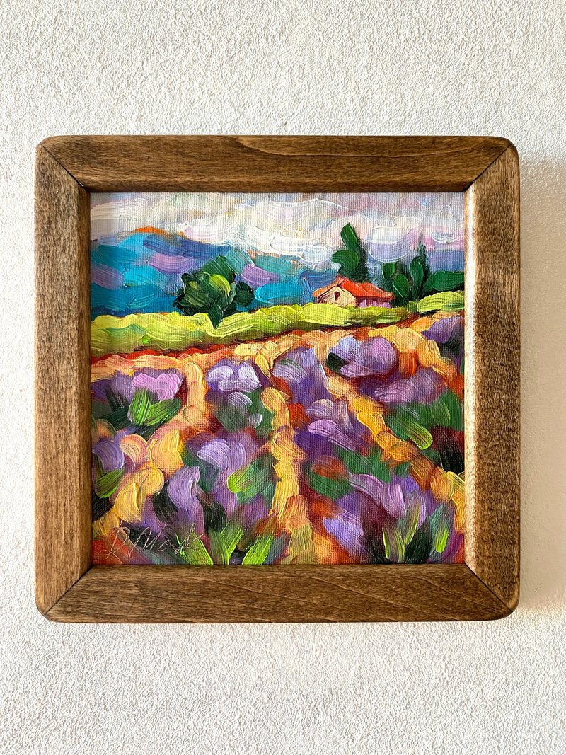 薰衣草田繪畫托斯卡納原創藝術風景油畫厚塗小幅藝術品 8x8 托斯 - 壁貼/牆壁裝飾 - 木頭 