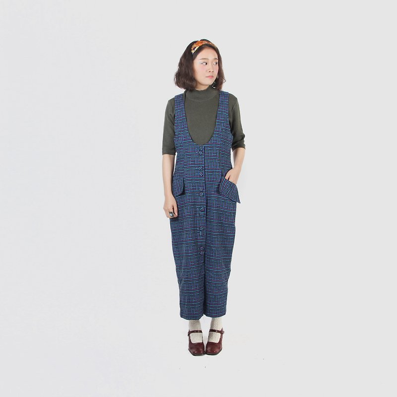 [Egg plant ancient] water color check grain wool vintage vest skirt - จัมพ์สูท - ขนแกะ สีน้ำเงิน