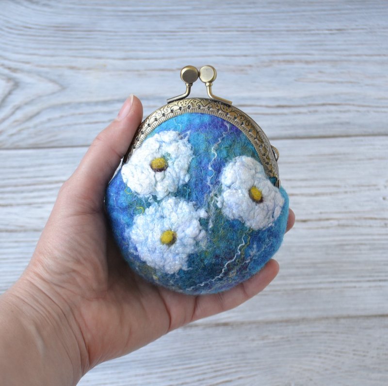 蒲公英小號藍色零錢錢包純素按扣零錢包女士化妝包 - 零錢包/小錢包 - 羊毛 藍色