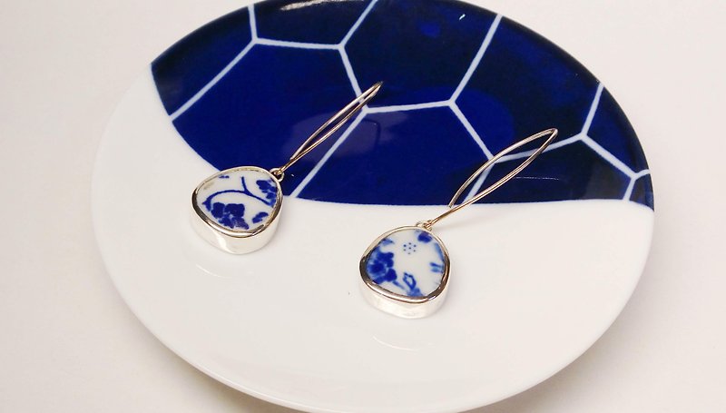 Blue and white porcelain  earrings - Earrings & Clip-ons - Sterling Silver Blue