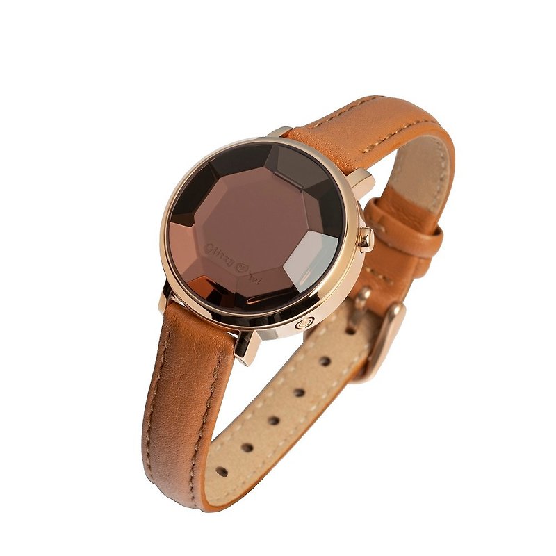 FACET系列 - LED玫瑰金色不鏽鋼配棕褐色真皮帶手錶 - 女裝錶 - 不鏽鋼 多色