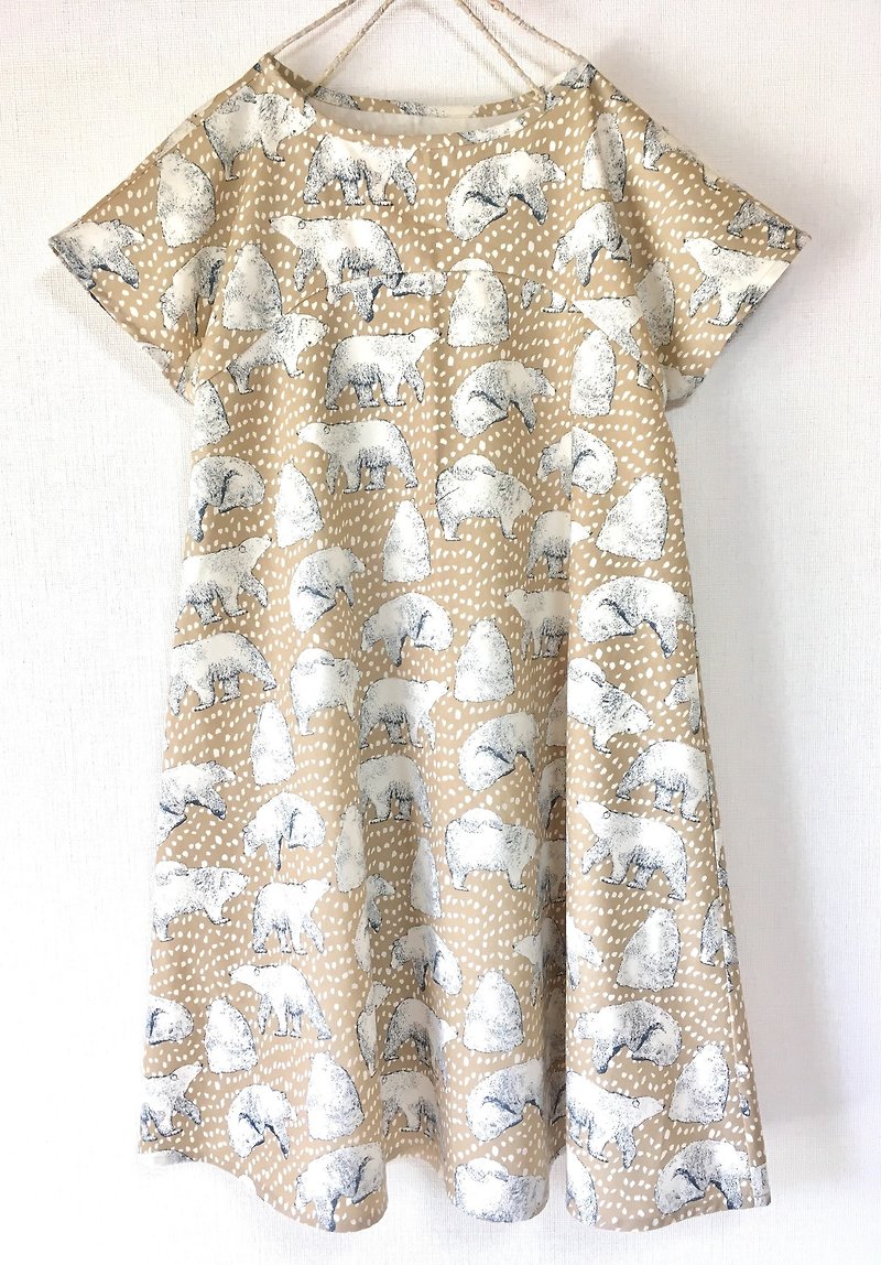 Polar Bear Pattern Flare Dress Dress Short Sleeve Mocha - ชุดเดรส - ผ้าฝ้าย/ผ้าลินิน สีนำ้ตาล
