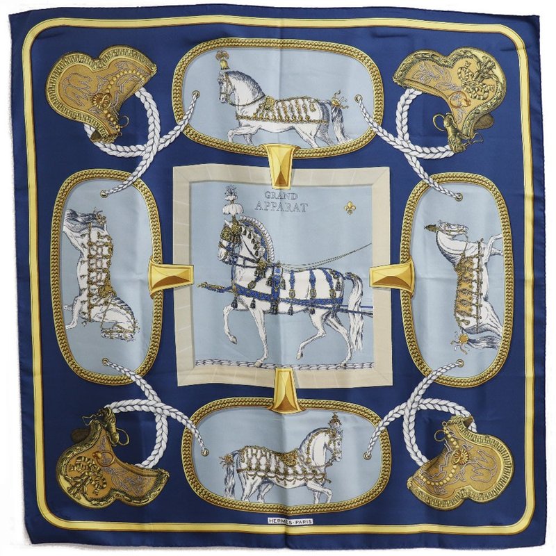 【日本直送】エルメス HERMES カレ90 スカーフ GRAND APPARAT 盛装の馬 シルク 青 レディース【中古】 - 絲巾 - 絲．絹 藍色