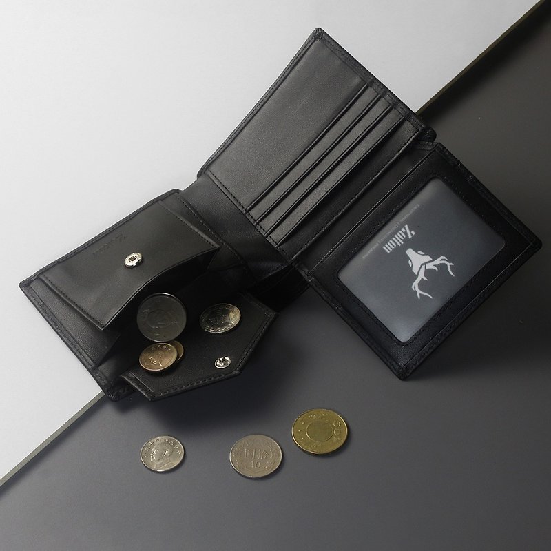Black – Viktor Leather Bifold Wallet, with coin pocket and RFID Blocking - กระเป๋าสตางค์ - หนังแท้ สีดำ