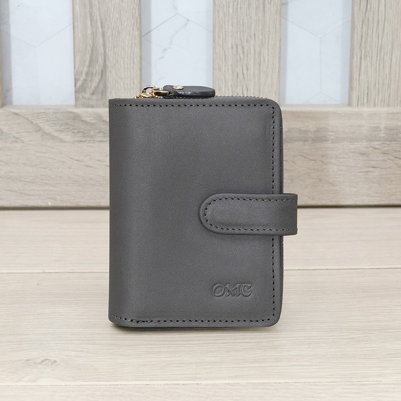 (灰色)歐洲植鞣革文青豎款活頁牛皮短夾94161 - 錢包/皮夾/長短夾 - 真皮 灰色