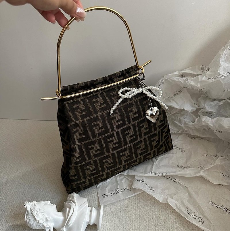 中古包 Fendi芬迪 金桿蛙口手提包 - 手提包/手提袋 - 棉．麻 咖啡色