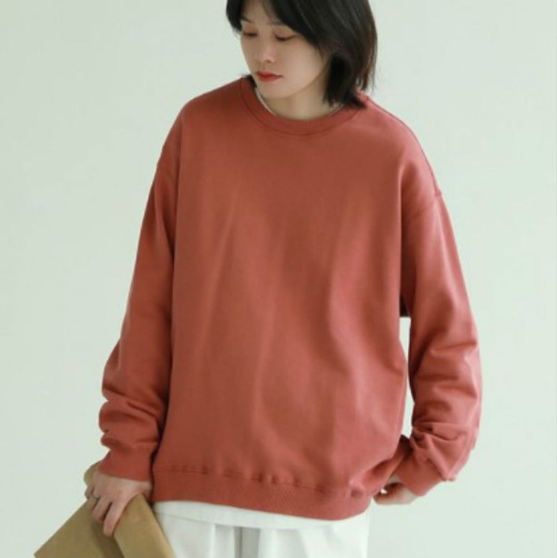 Orange-red 4-color knitted terry round neck sweater, neutral, lazy style, comfortable and soft, university T M-XL - เสื้อผู้หญิง - ผ้าฝ้าย/ผ้าลินิน สีแดง