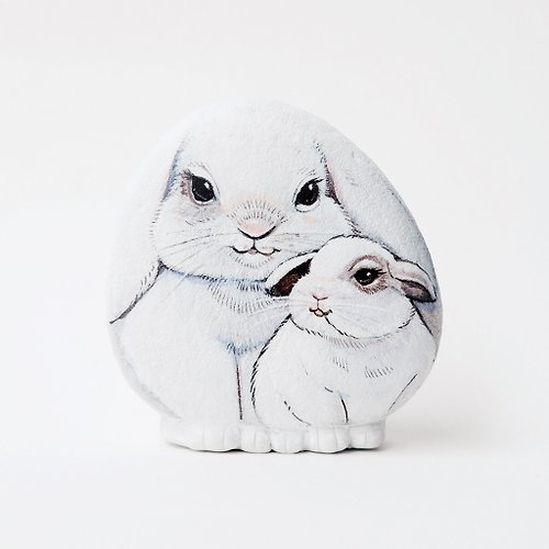 is.ideastone White rabbit mom and baby with love stone painting.acrylic colour on stone,