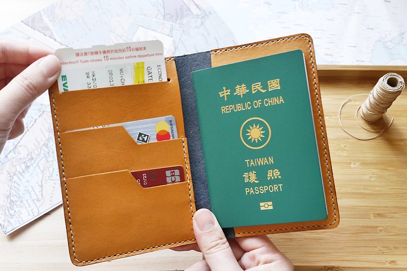護照套 義大利牛皮手作 靛藍黑搭原皮 多色可選 免費刻字包裝 - 護照套 - 真皮 藍色