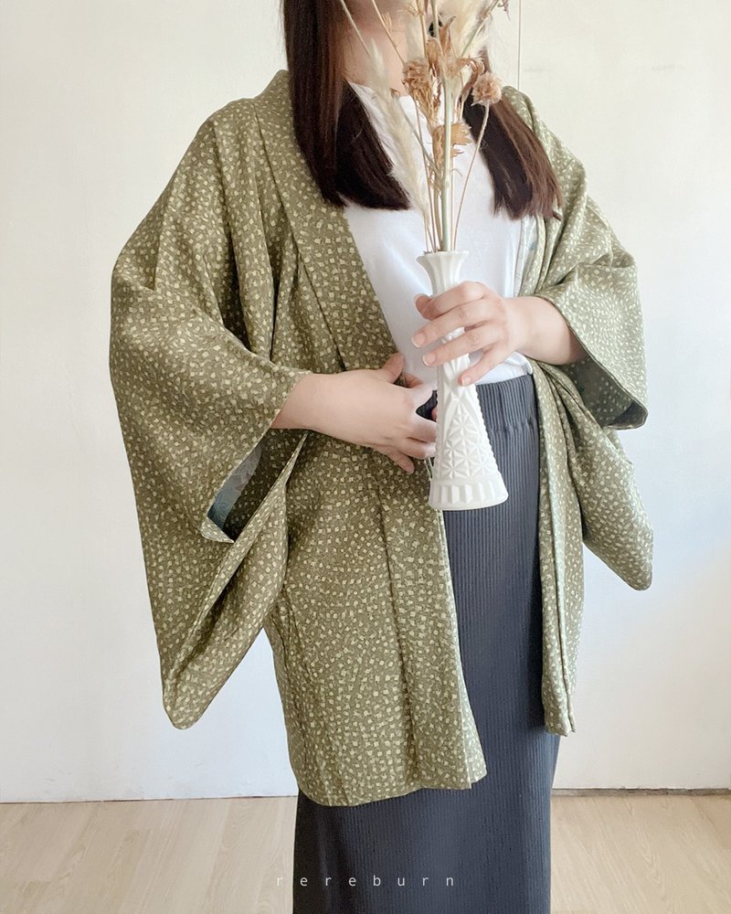 日本製和風印花綠色薄款古著羽織和服外套 - 女大衣/外套 - 聚酯纖維 綠色